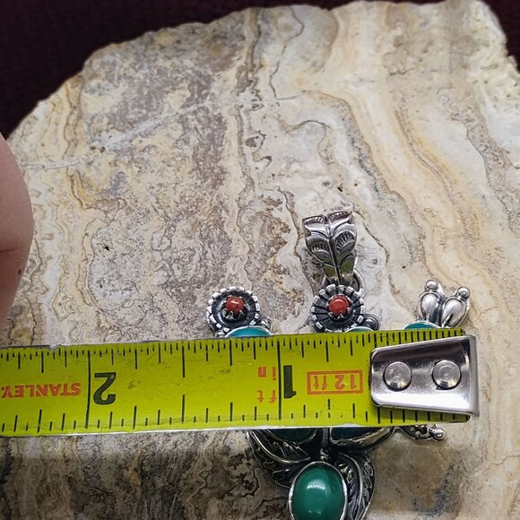 Turquoise & Coral Prickly Pear Cactus Pendant Sterling Silver Southwest Unisex - Picture 4 of 7